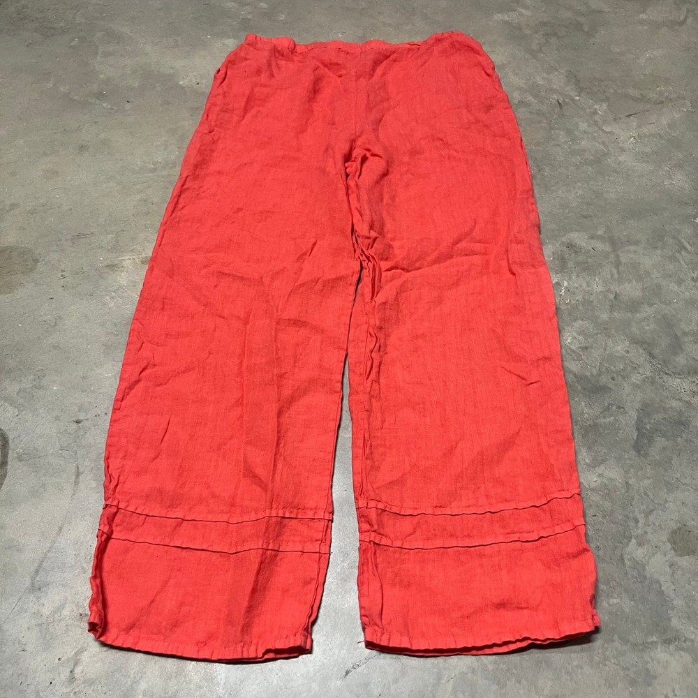 Bryn Walker Womens Medium Coral Red 100% Linen Wide Leg Elastic Waist Pants USA